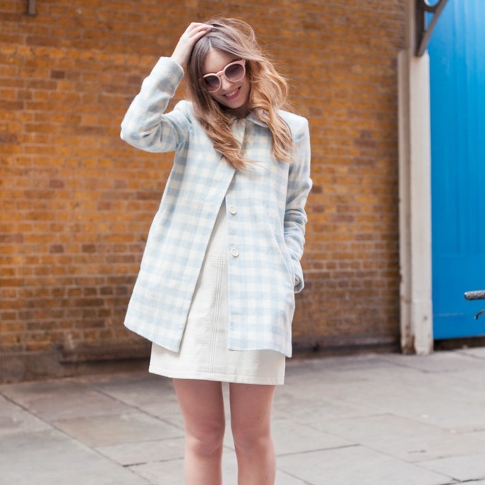 ASOS Women’s Light Blue and White Check Pea Coat Size 8